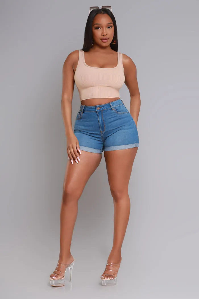 Take A Lap High Rise Cuffed Denim Shorts - Medium Wash