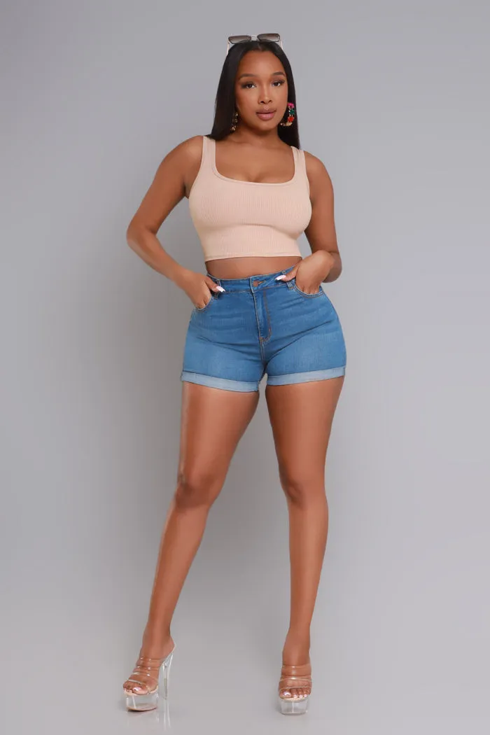 Take A Lap High Rise Cuffed Denim Shorts - Medium Wash