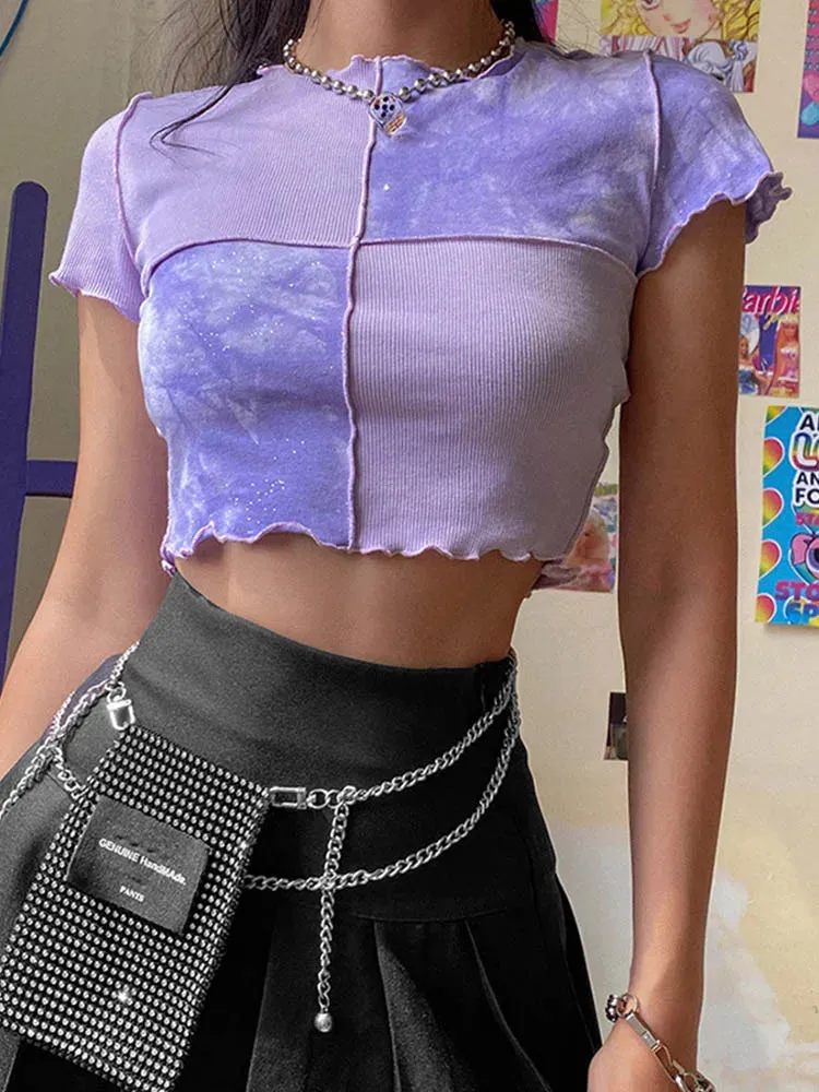 Tie Dye Sequin Patchwork Crop Top