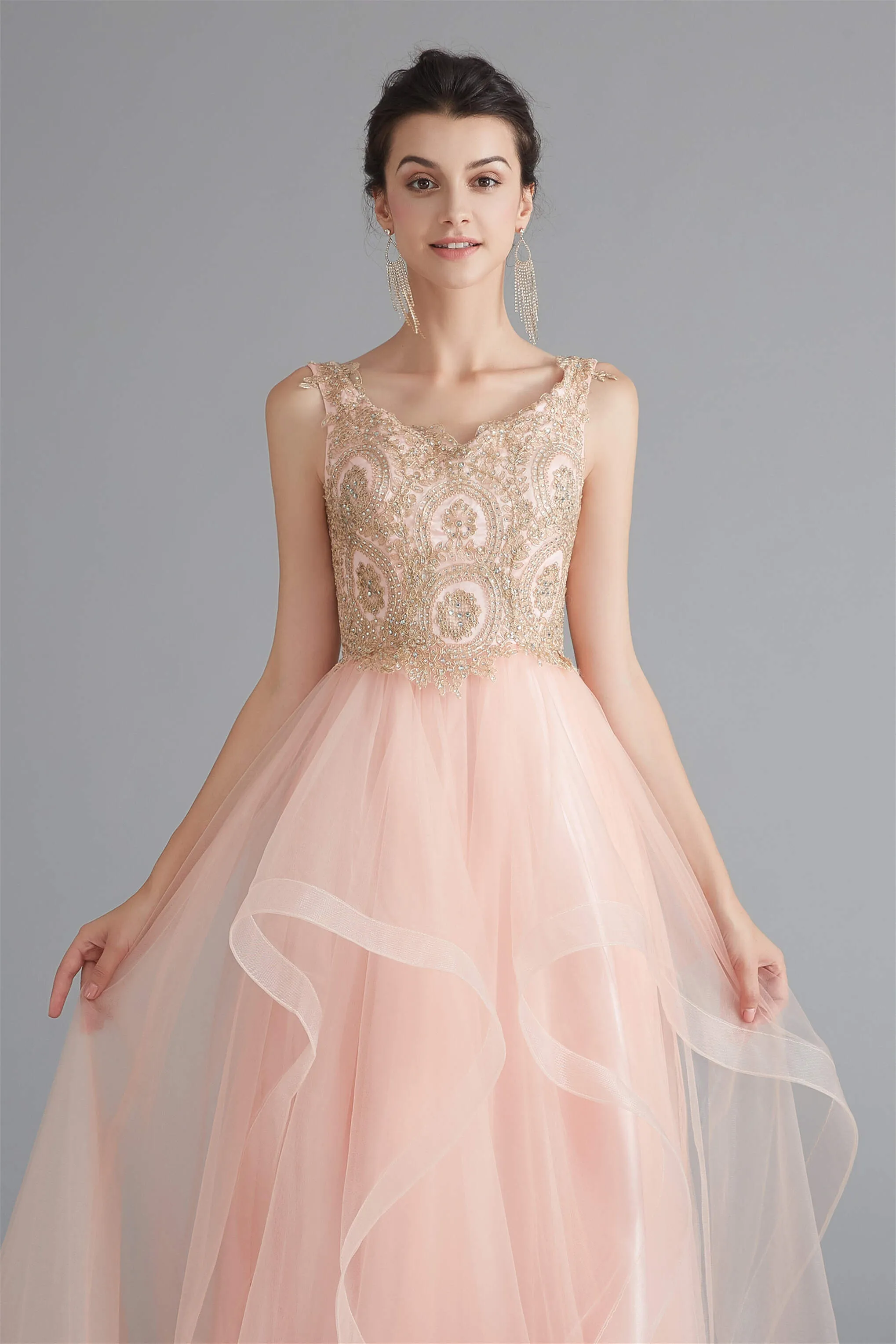 V-Neck Beaded Applique Asymmetrical Sleeveless Tulle Prom Dresses