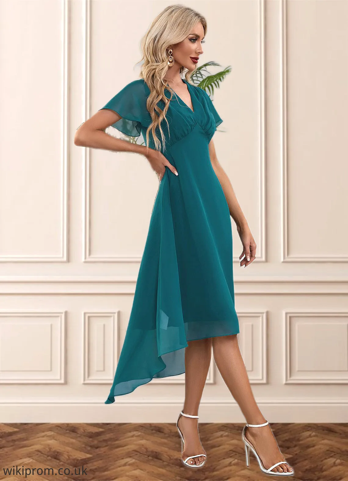 Viv V-Neck Elegant A-line Chiffon Asymmetrical Midi Dresses SWKP0022495