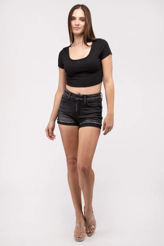 Washed Black Cuffed Hem Denim Shorts