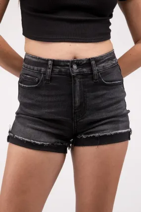 Washed Black Cuffed Hem Denim Shorts