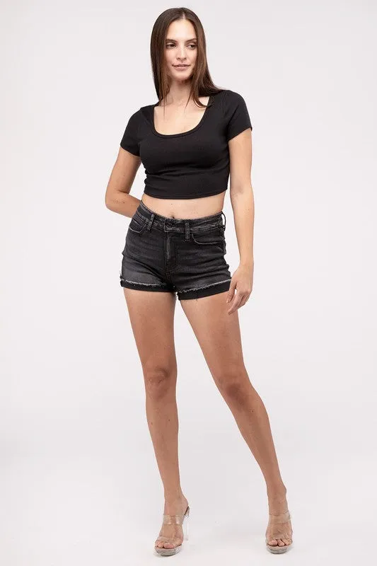 Washed Black Cuffed Hem Denim Shorts