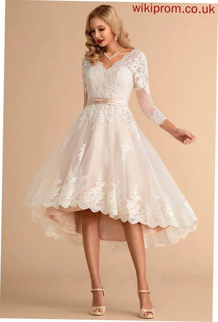 Wedding Wedding Dresses Tulle Asymmetrical V-neck Lace Satin Dress A-Line Amanda