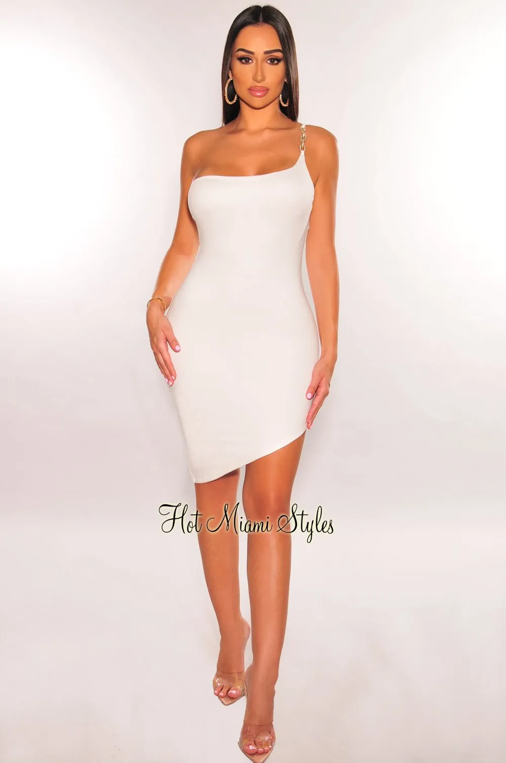 White Gold Chain One Shoulder Asymmetrical Dress