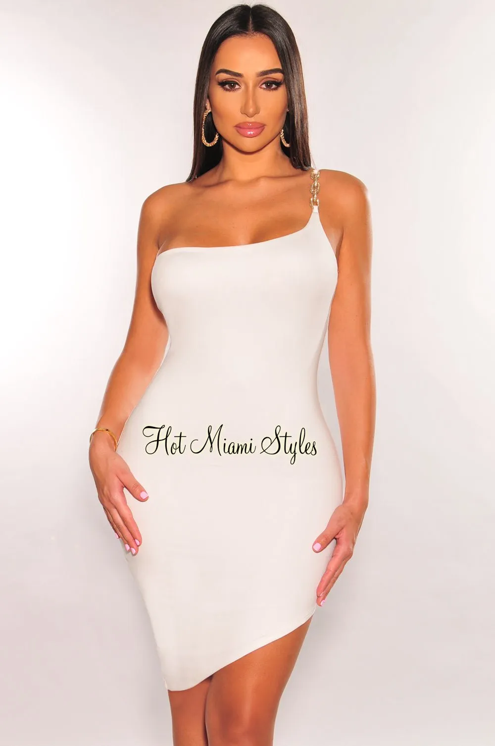 White Gold Chain One Shoulder Asymmetrical Dress