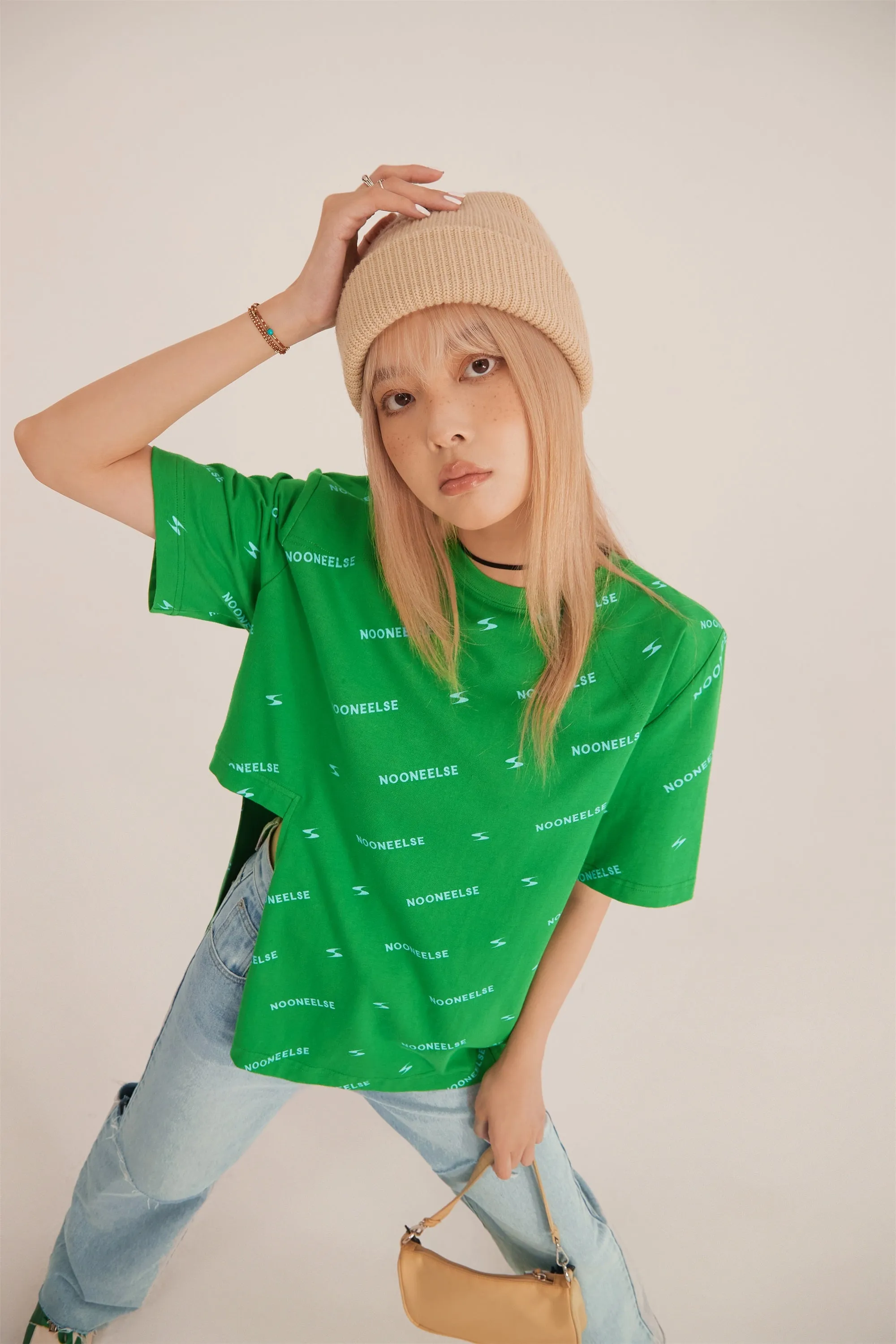 Wide Side Slit Green T-Shirt