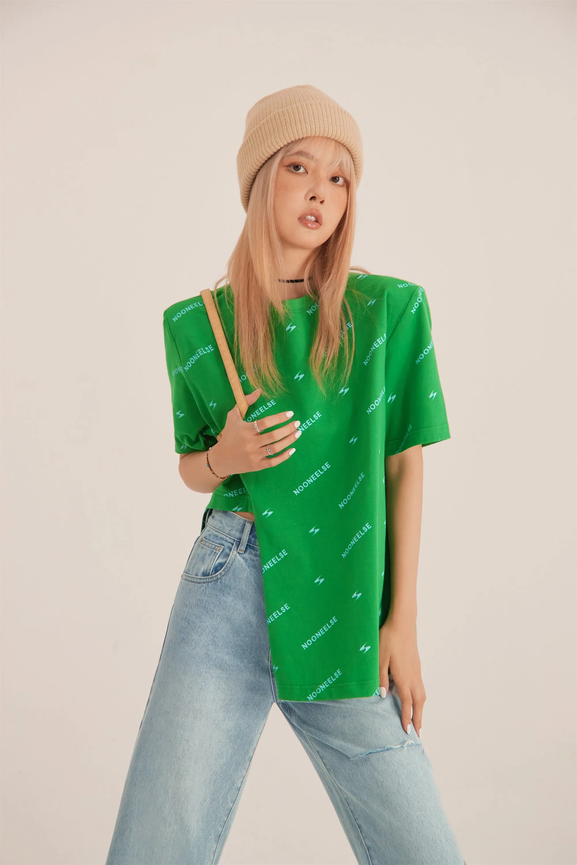 Wide Side Slit Green T-Shirt