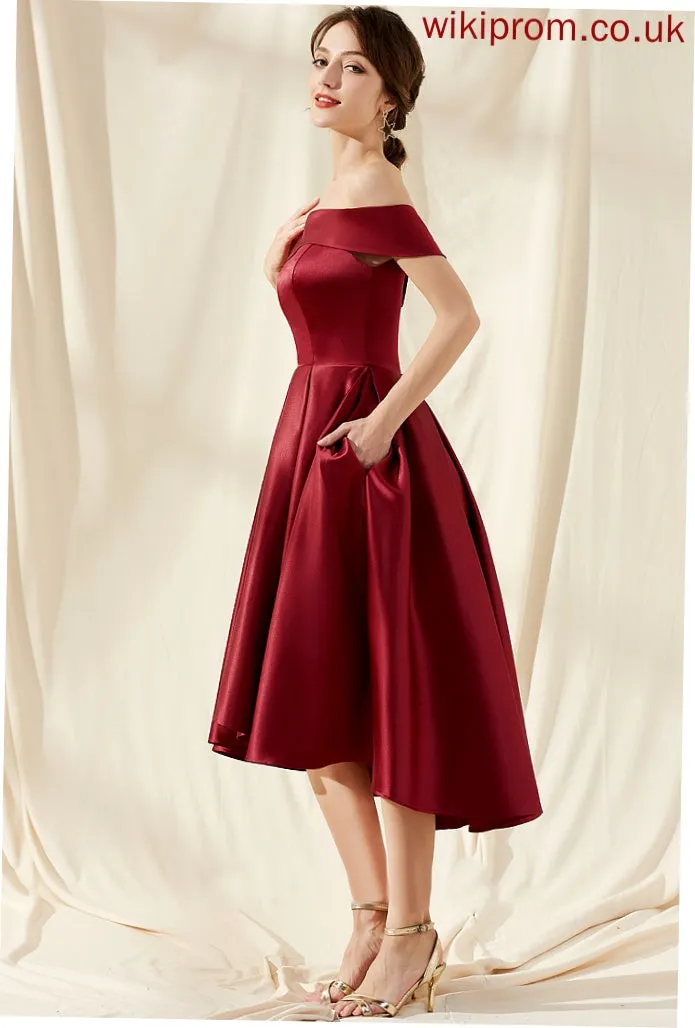 With Off-the-Shoulder Dress A-Line Homecoming Dresses Homecoming Asymmetrical Pockets Jamie Satin