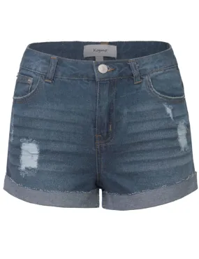 Women's Distressed Denim Shorts Folded Hem